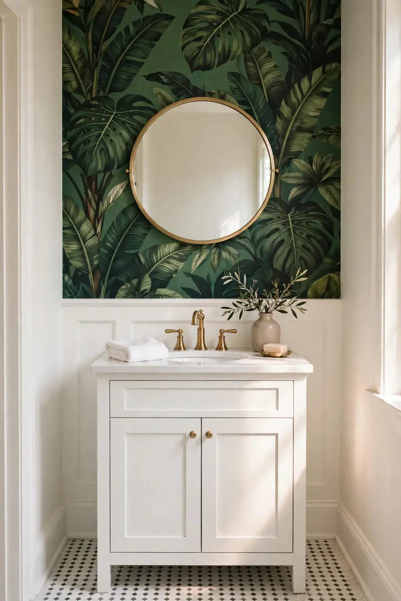 Half bathroom ideas — bold botanical wallpaper feature wall behind a white vanity