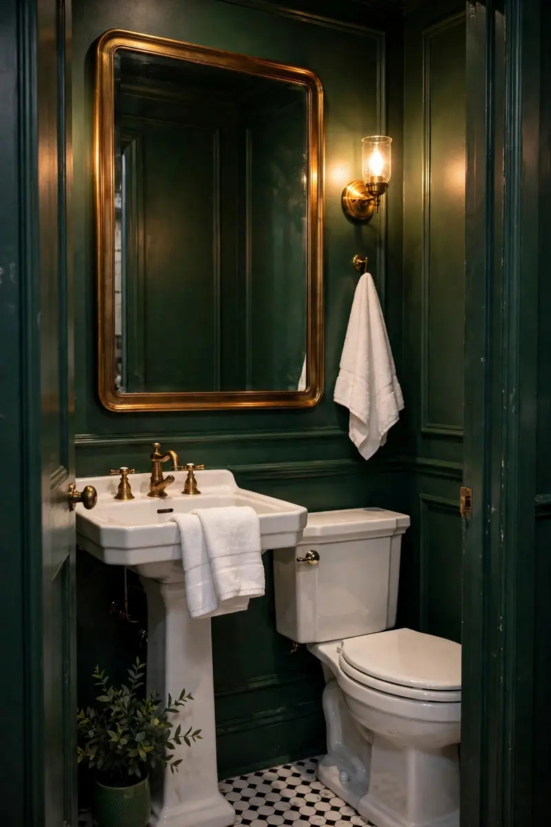 Half bathroom ideas — moody dark green jewel-box powder room with brass mirror