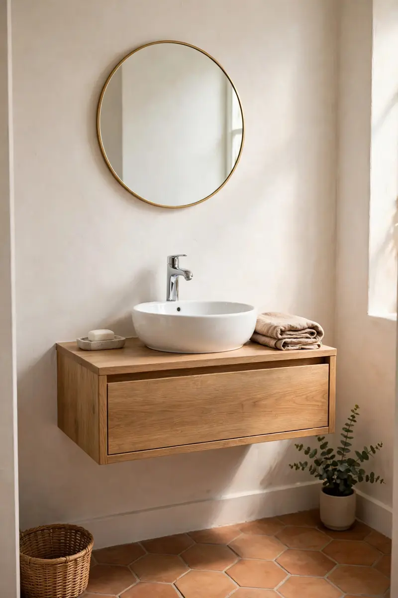 Half bathroom ideas — floating vanity opening up the floor in a small powder room