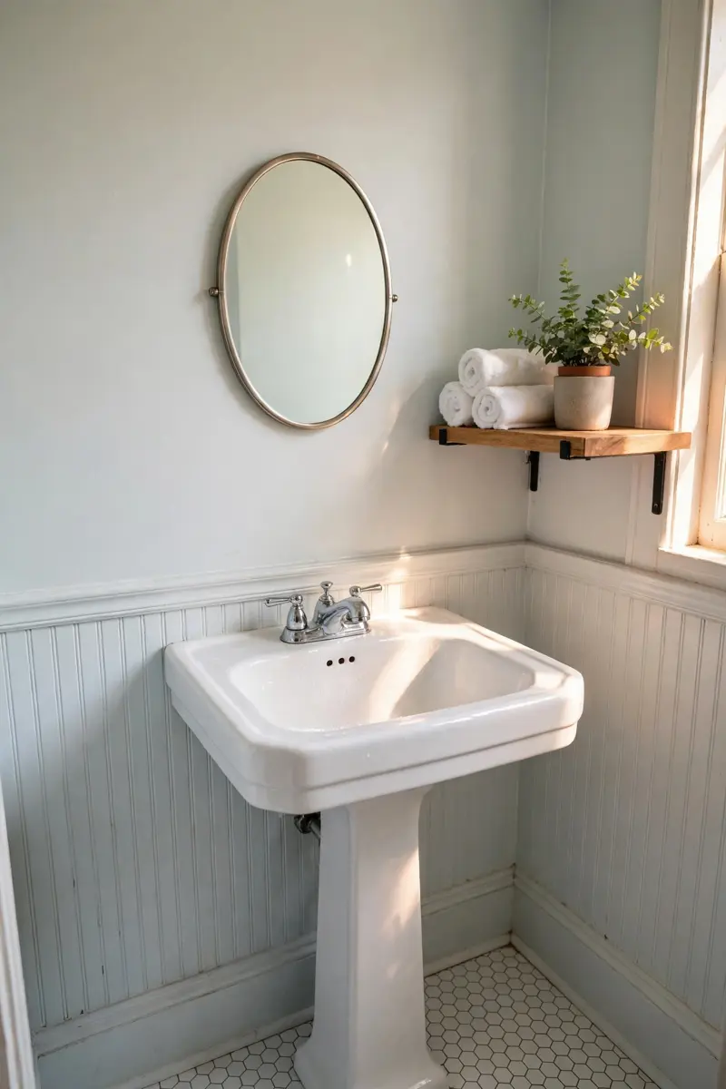 Classic pedestal sink in a tiny half bathroom with oval mirror