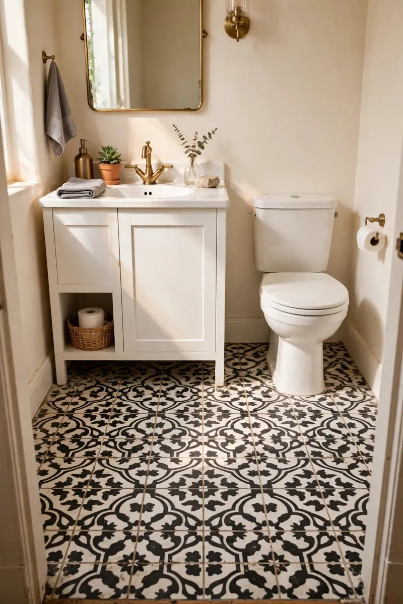Patterned black-and-white encaustic-style floor tile in a half bathroom