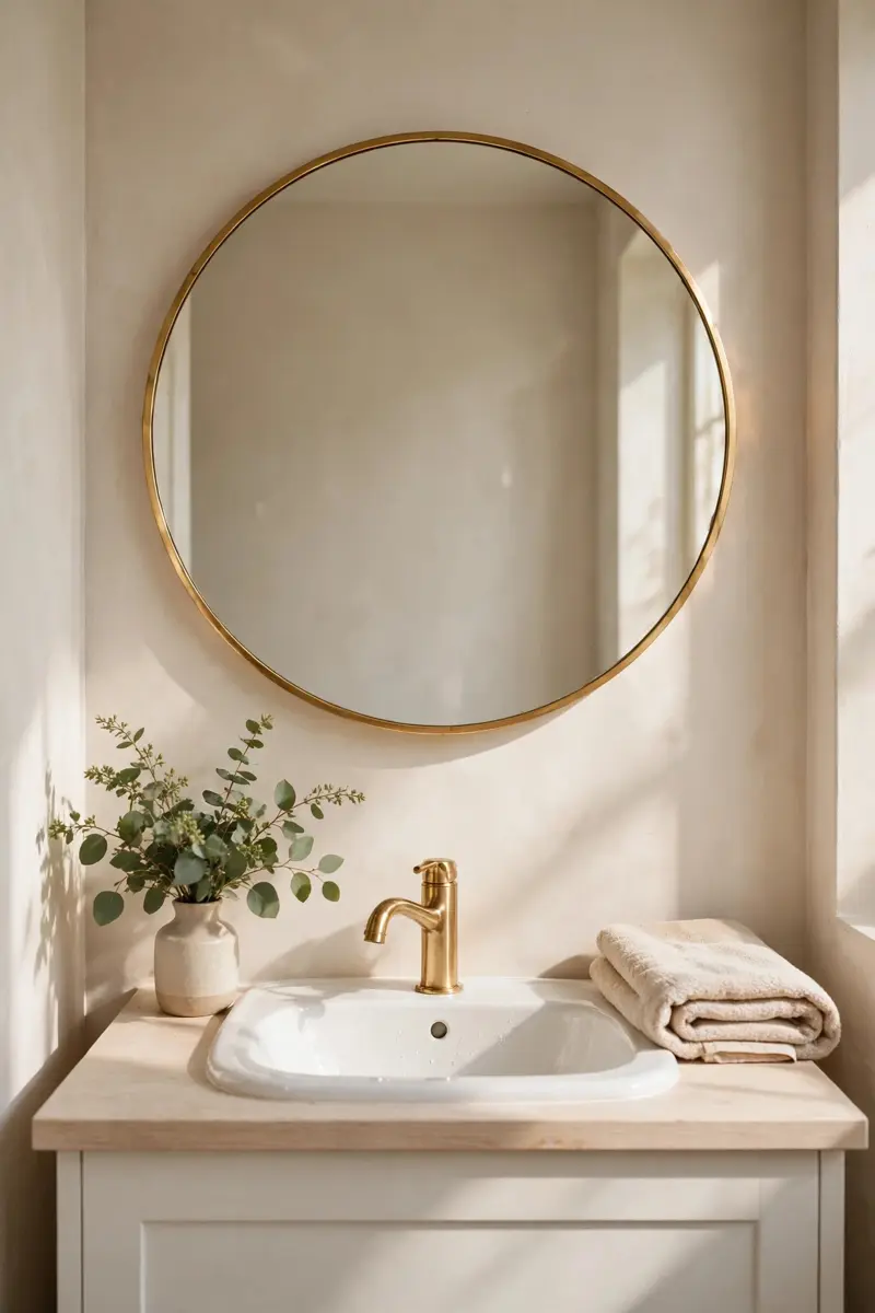 Large round mirror with gold frame over a half bathroom vanity