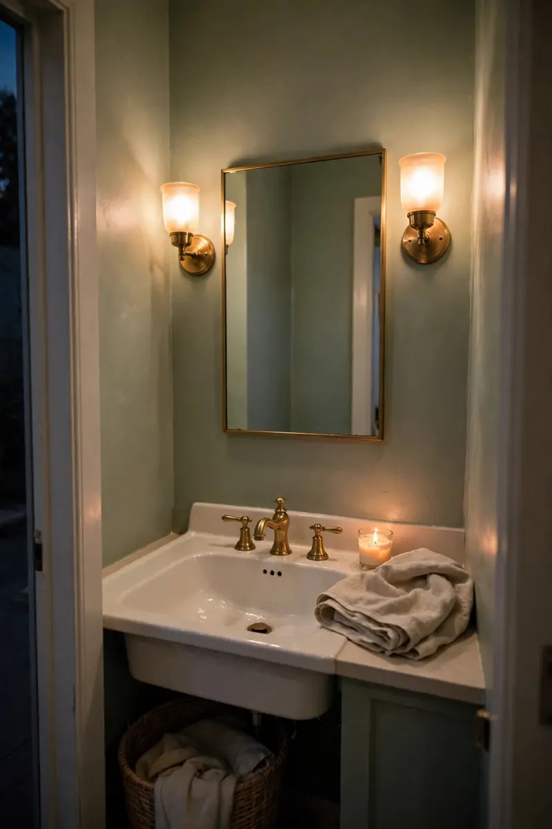 Warm wall sconces flanking a mirror in a small half bathroom