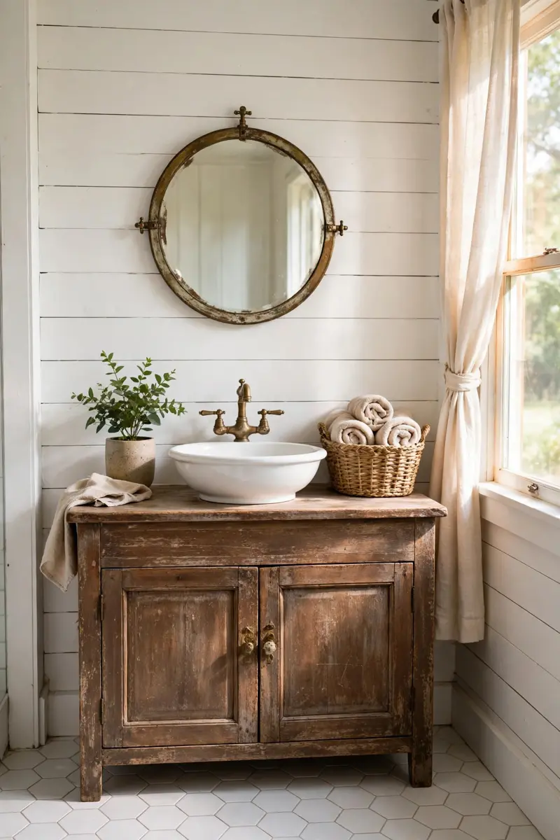 White shiplap farmhouse half bathroom with wood vanity