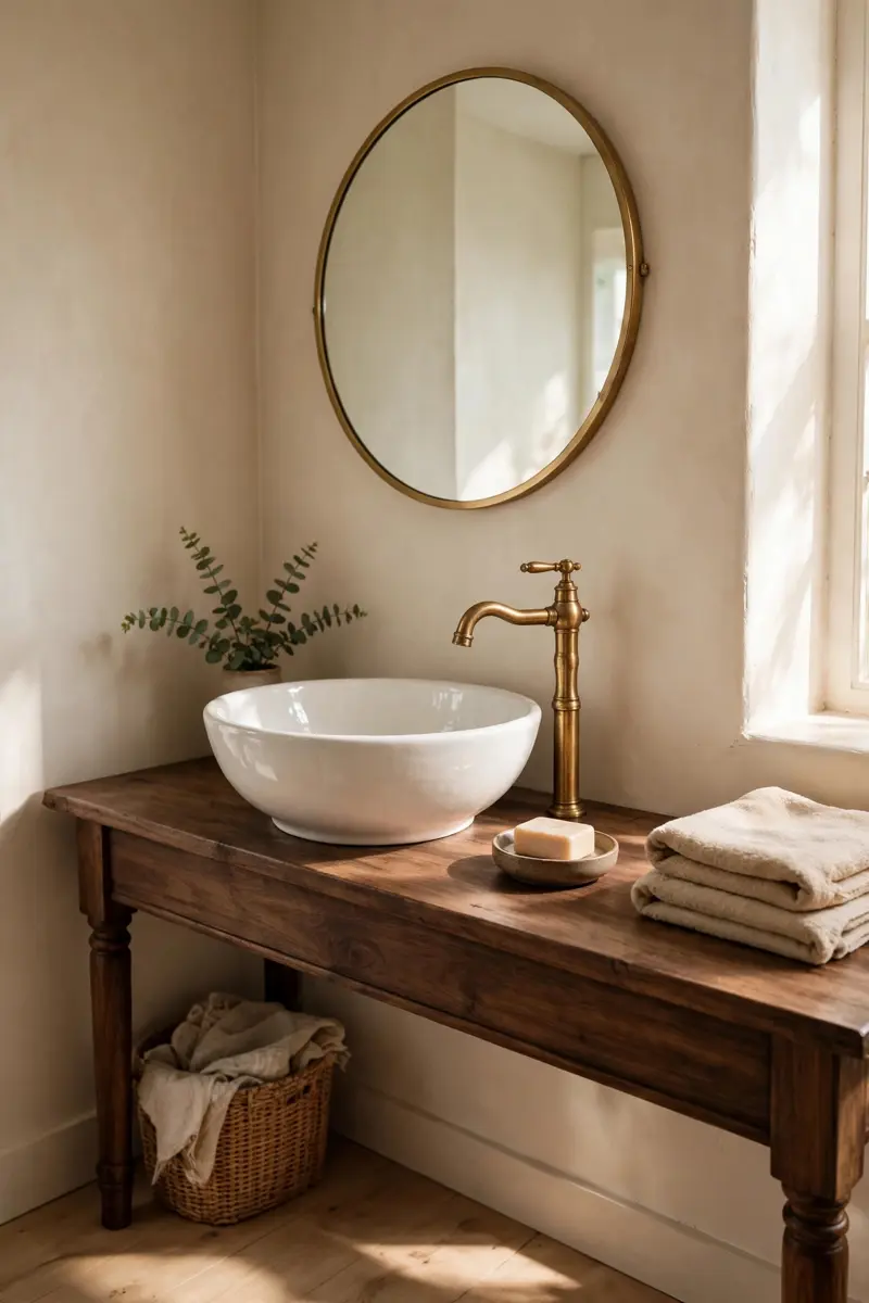 White vessel sink on a dark wood console in a half bathroom