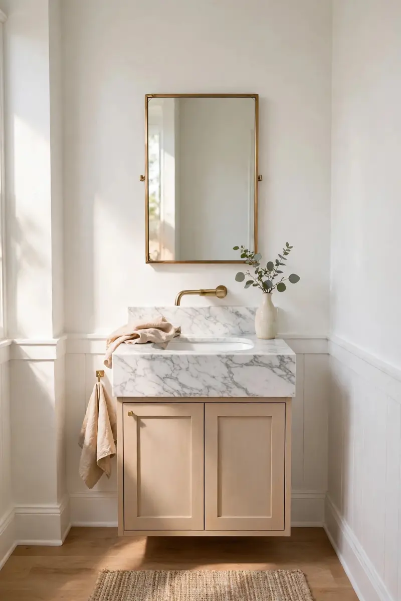 Marble-look vanity top with brass-framed mirror in a half bathroom