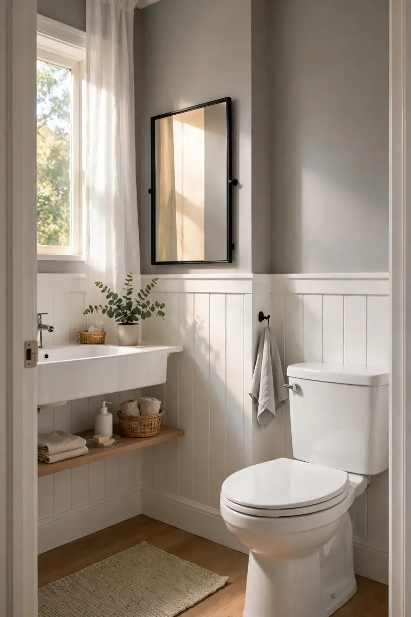 White board-and-batten wainscot in a small half bathroom