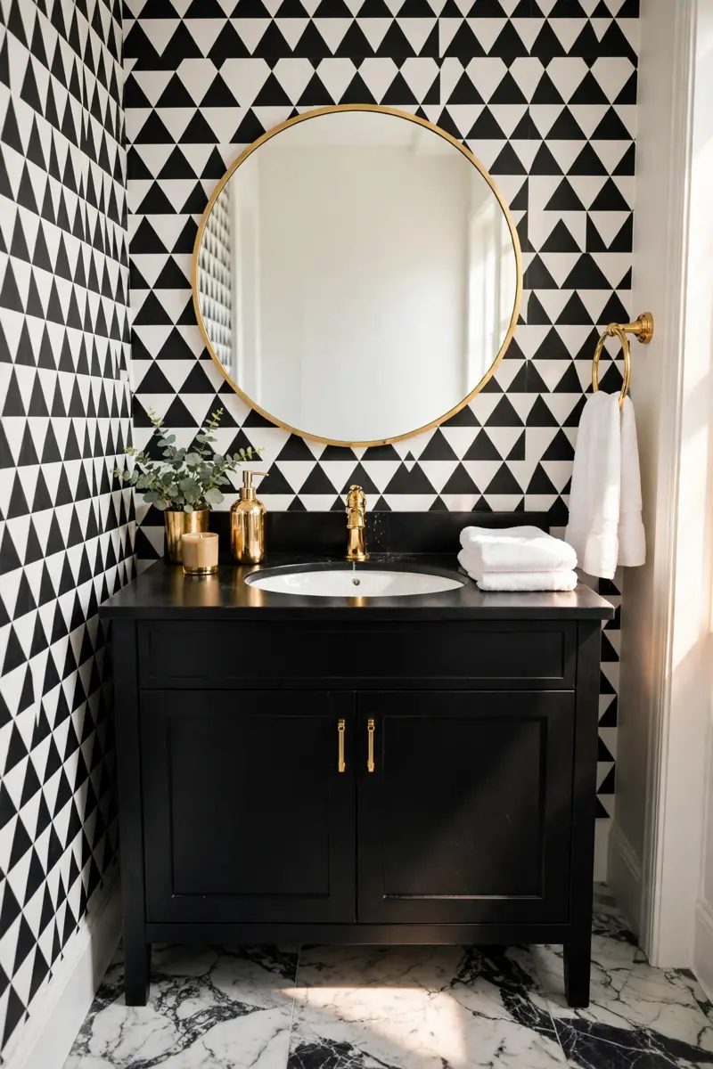 Black-and-white half bathroom with black vanity and gold fixtures