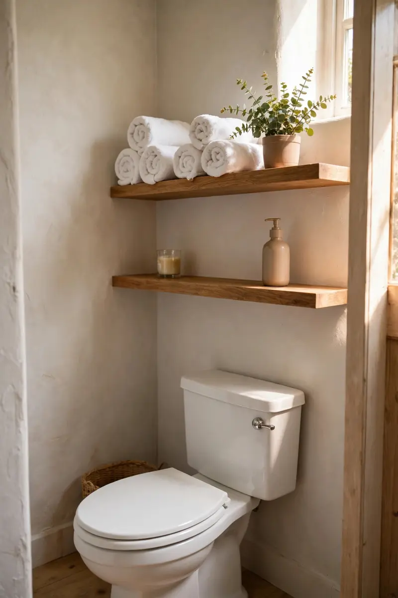 Open wood shelves over a toilet styled with towels and a plant