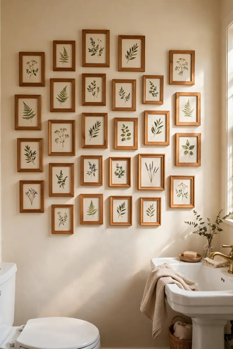 Gallery wall of small framed prints in a half bathroom