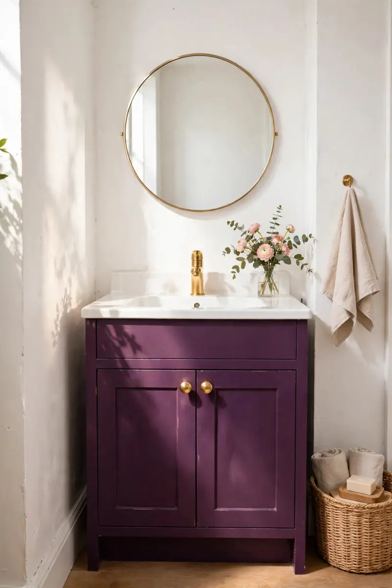 Bold plum vanity with gold knobs in a half bathroom