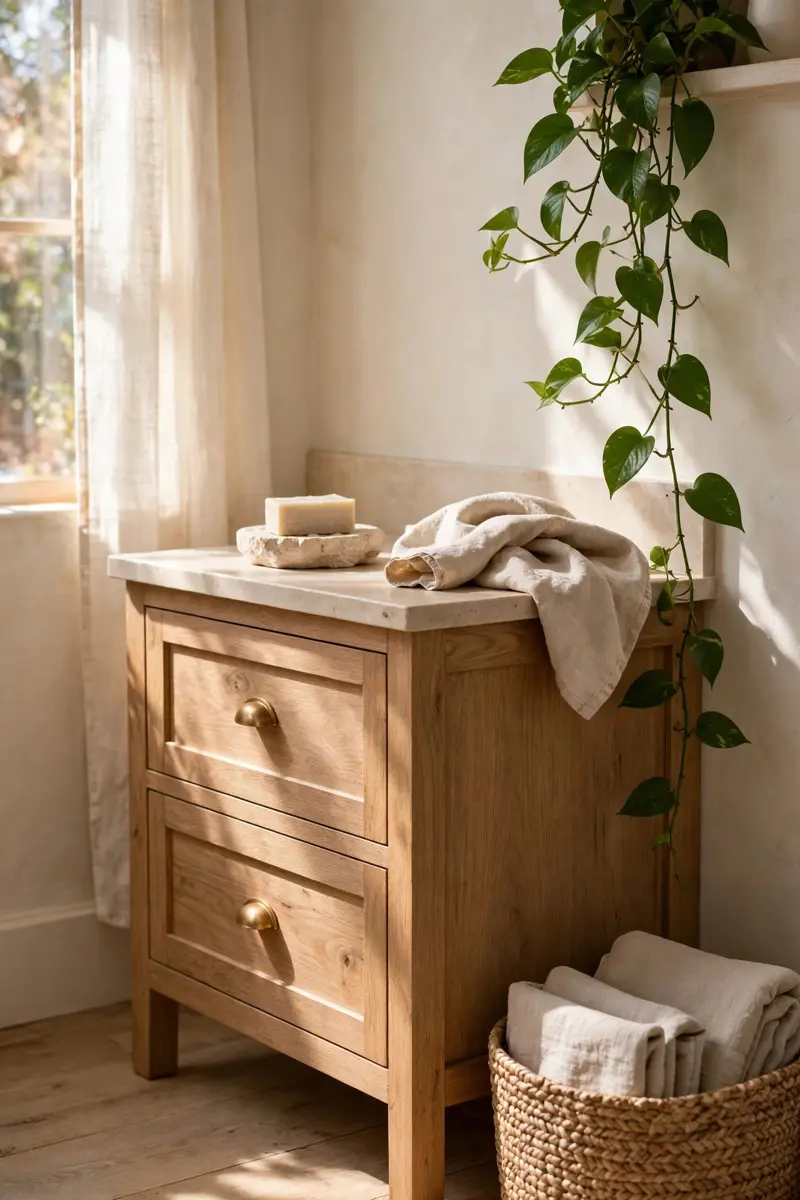 Spa-like neutral half bathroom with wood vanity and trailing plant