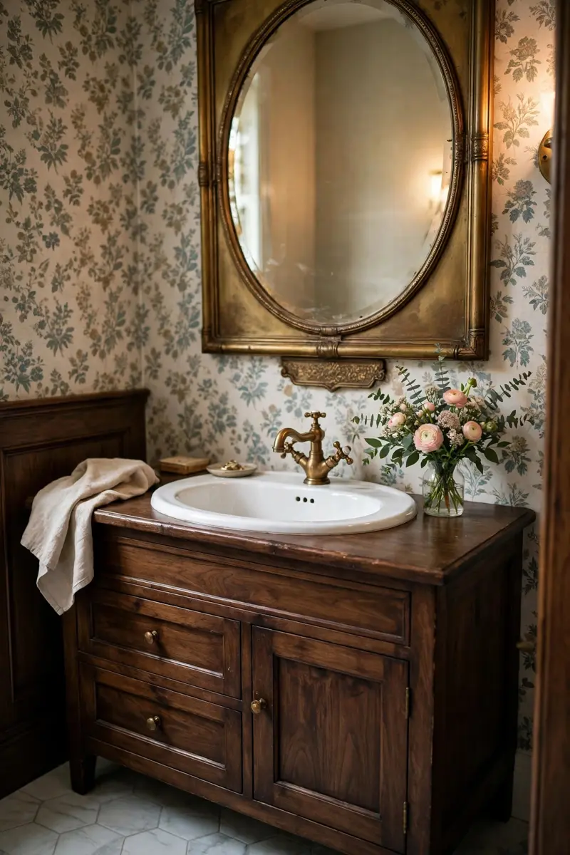Vintage brass mirror and patterned wallpaper in a half bathroom