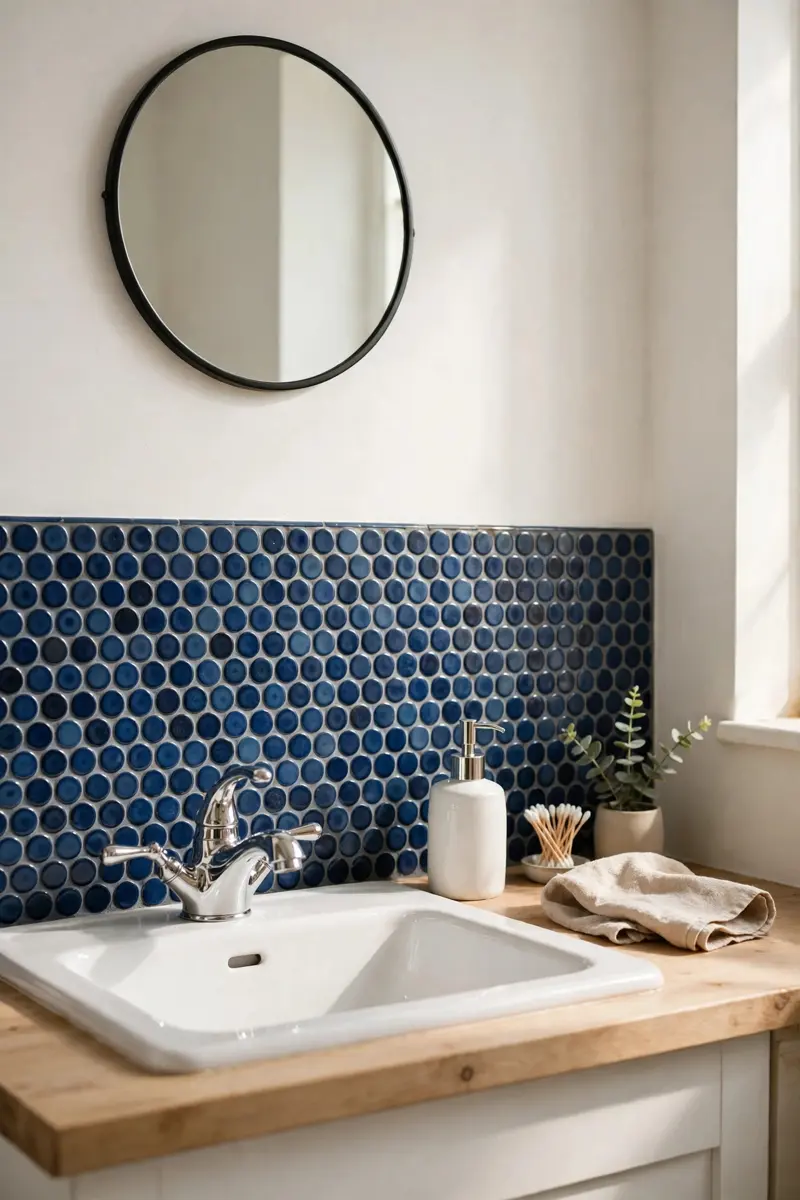 Deep blue penny tile backsplash in a small half bathroom