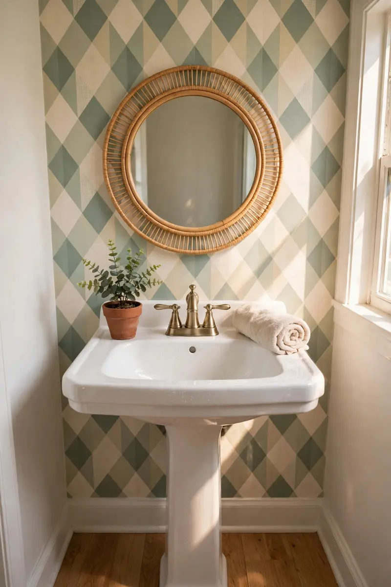 Peel-and-stick geometric wallpaper in a rental half bathroom