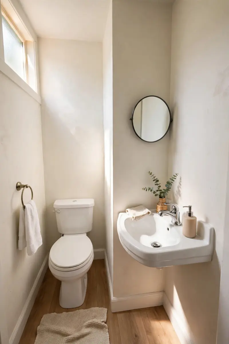 Compact corner sink in a narrow half bathroom