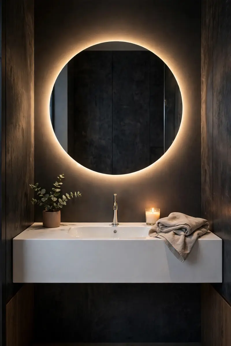 Backlit LED mirror glowing in a modern half bathroom