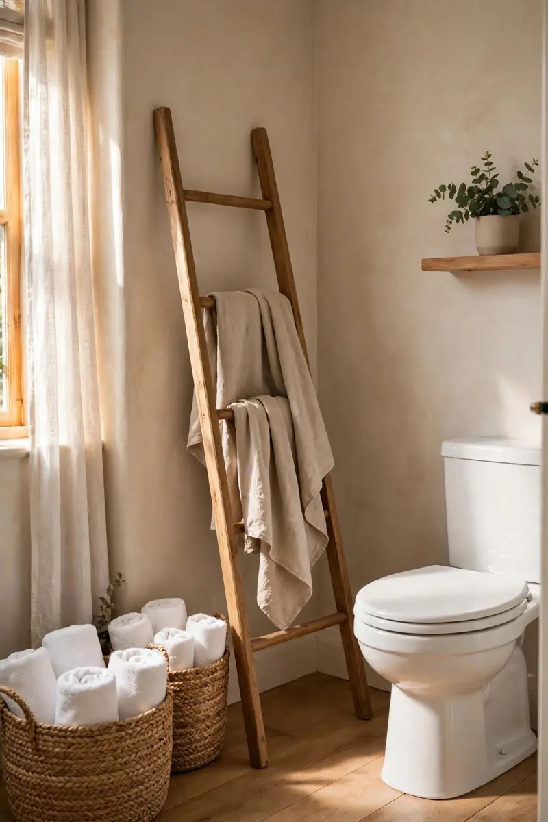 Woven seagrass baskets and towel ladder in a half bathroom