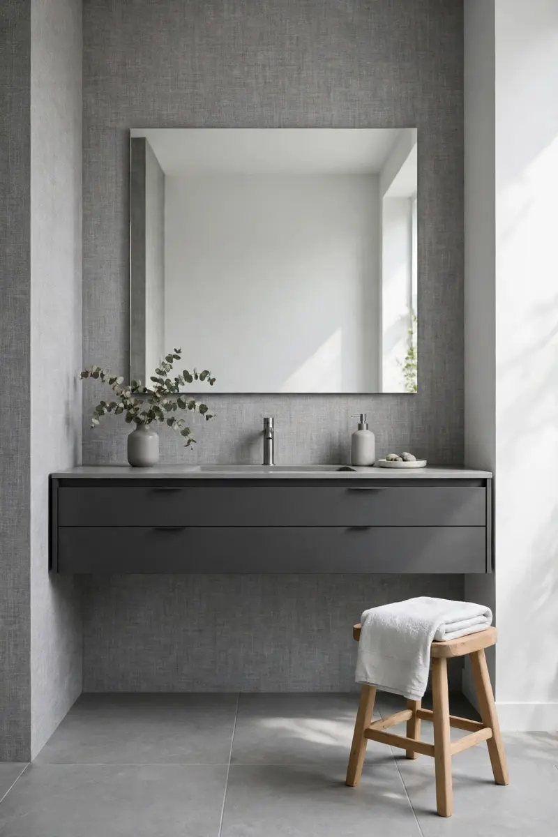 Minimalist grey and white half bathroom with charcoal floating vanity
