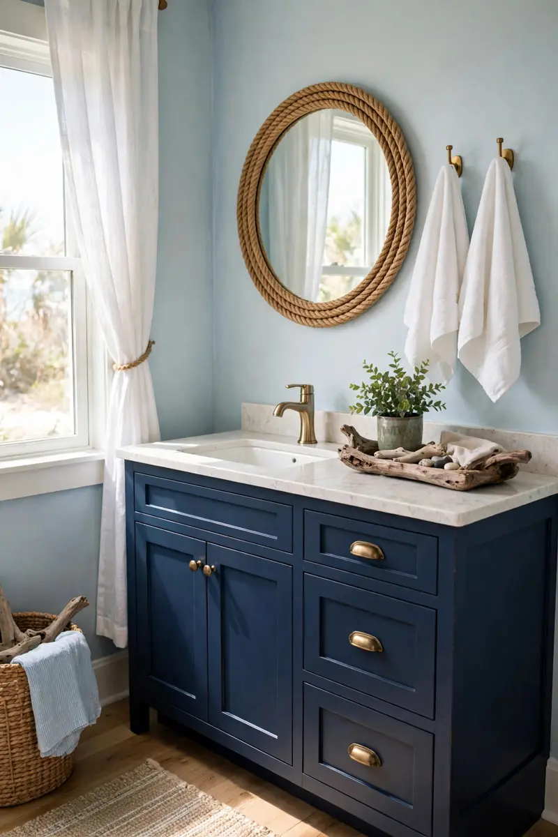 Coastal blue half bathroom with navy vanity and rope mirror