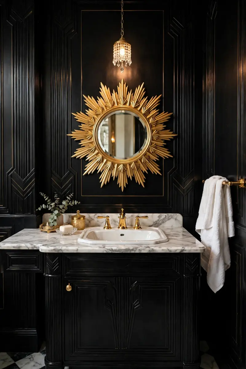 Art Deco black and gold half bathroom with sunburst mirror