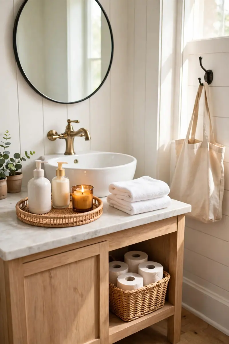 Guest-ready half bathroom vanity tray with soap, towels and candle
