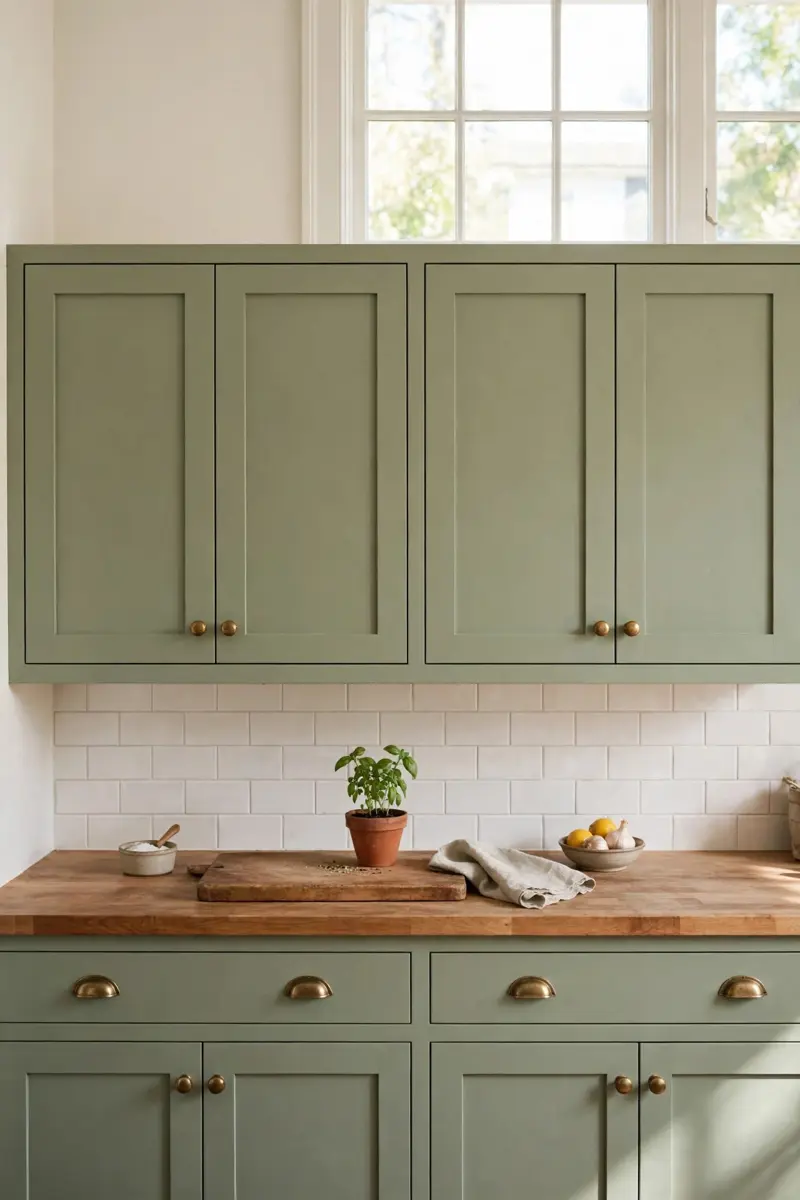 Rustic sage green kitchen cabinets — classic Shaker doors with butcher block counters