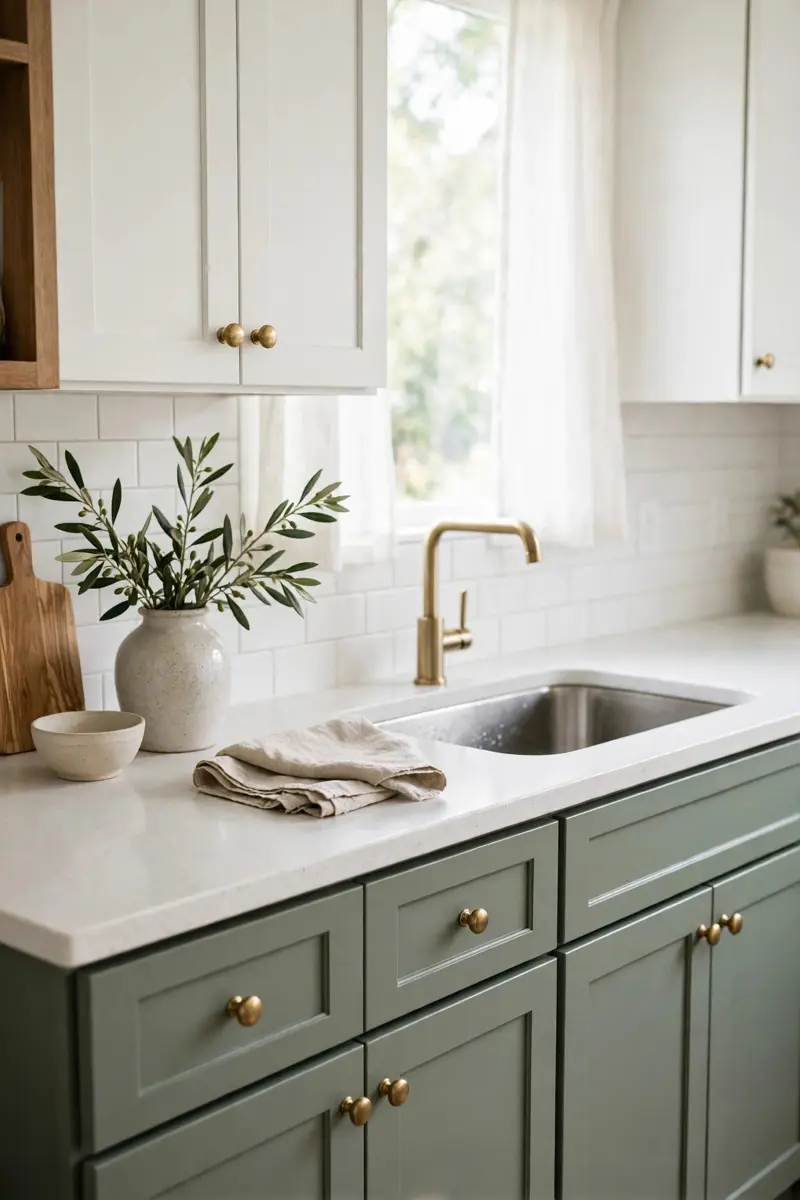 Rustic sage green kitchen cabinets — sage lowers with crisp white uppers