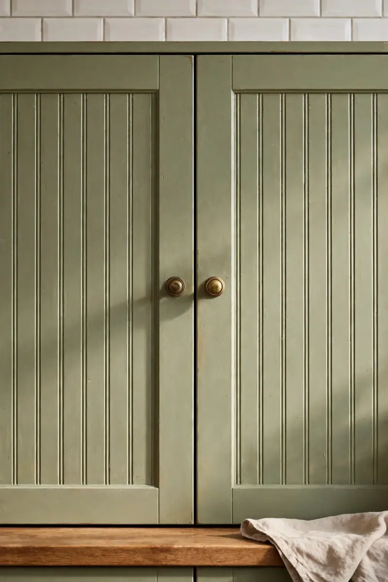 Rustic sage green kitchen cabinets — beadboard cottage cabinet doors