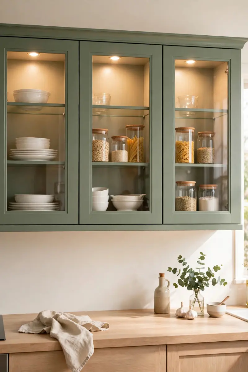 Glass-front sage green upper cabinets with warm interior lighting