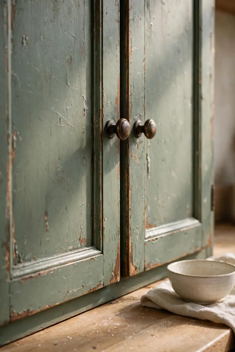 Distressed matte sage green cabinet doors with aged bronze knobs