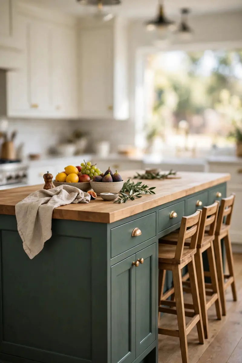Sage green kitchen island with butcher block top and wooden stools