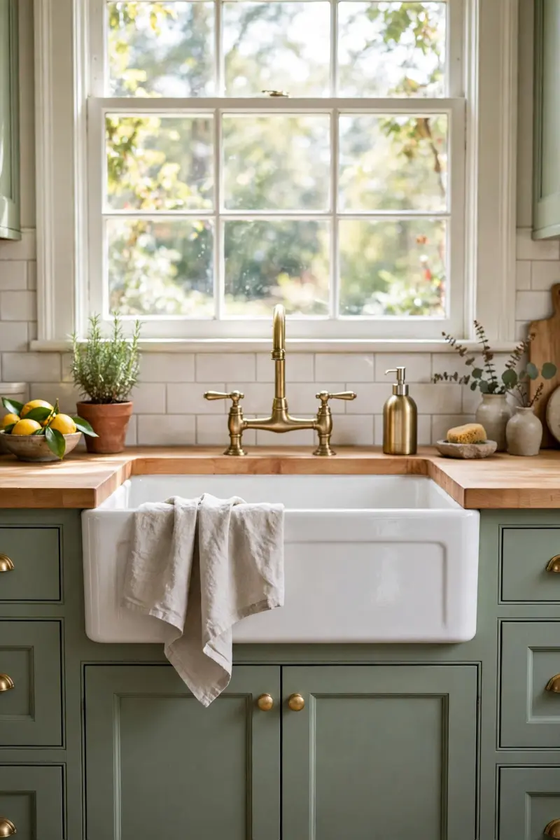 White apron-front farmhouse sink set into sage green cabinets