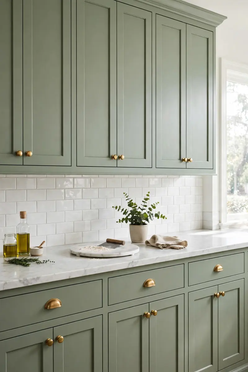 Sage green cabinets with white marble countertops and brass pulls