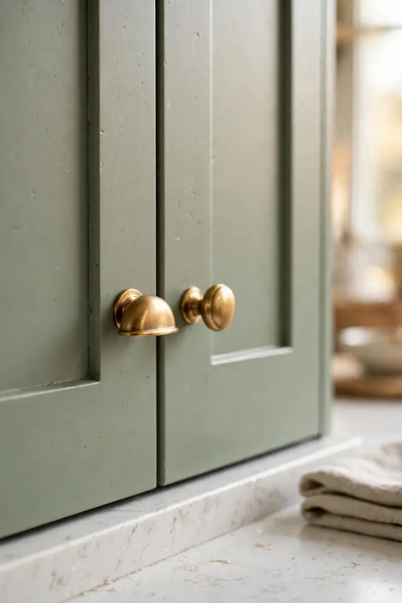 Warm brass cup pulls on sage green Shaker cabinet doors