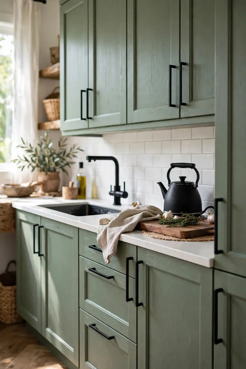 Matte black bar pulls on sage green kitchen cabinets
