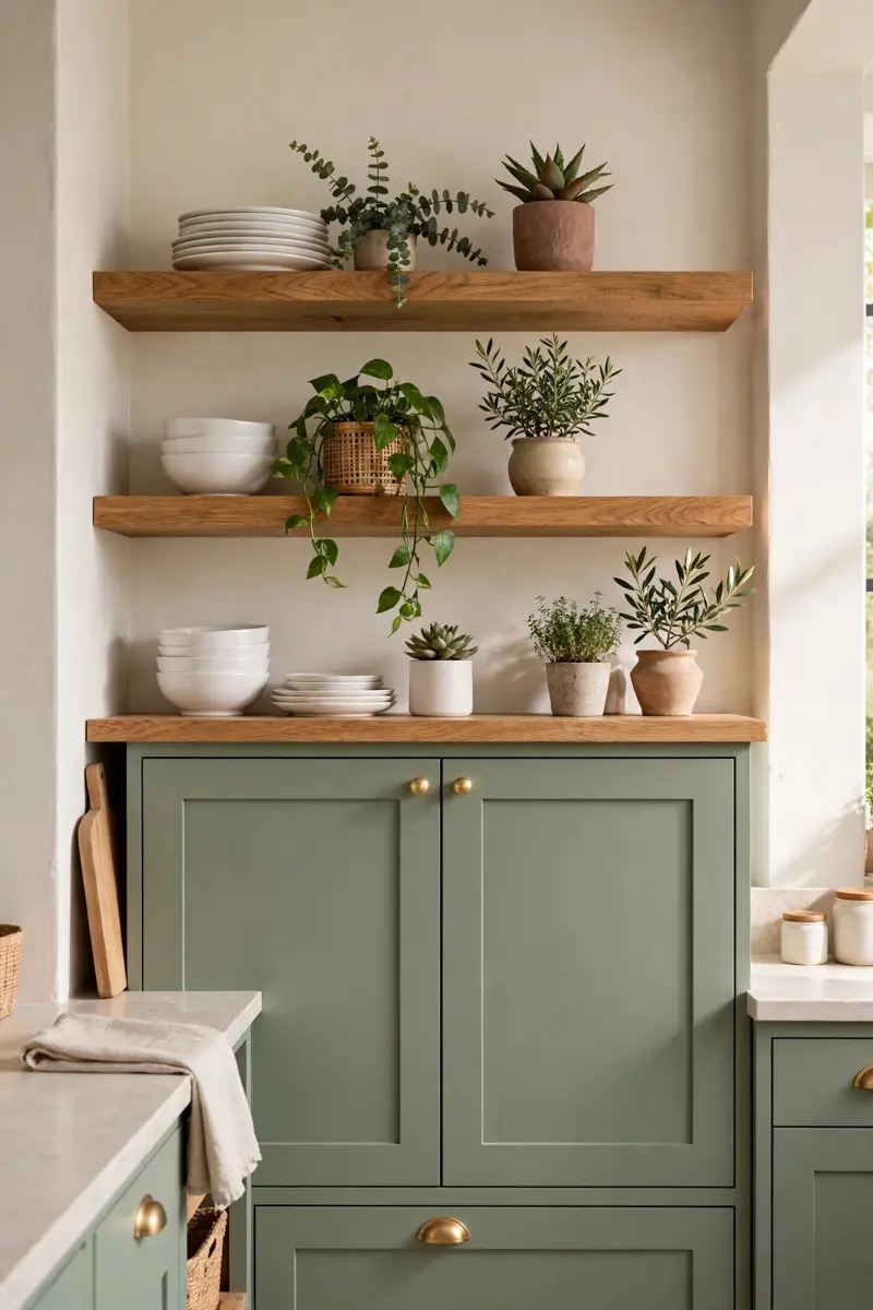 Open oak shelving above sage green lower kitchen cabinets