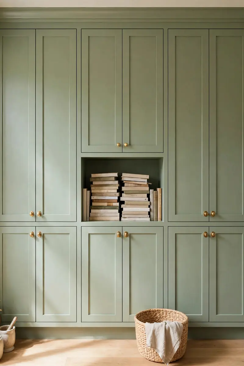 Floor-to-ceiling sage green pantry cabinet wall with crown molding