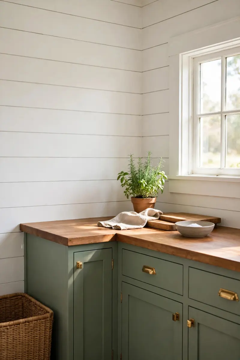 White shiplap walls with sage green base cabinets