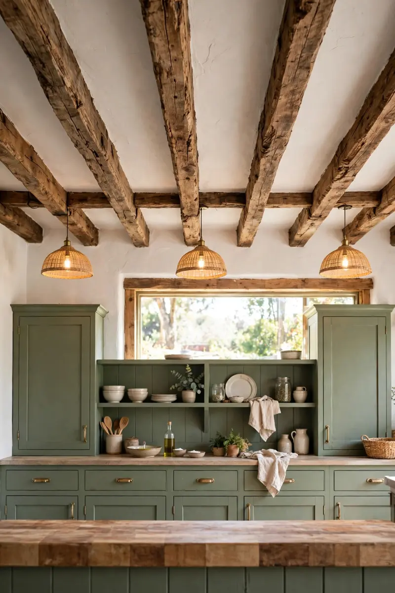 Exposed wood beams over a sage green rustic kitchen