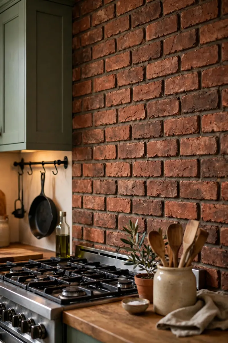 Warm brick backsplash beside sage green kitchen cabinets