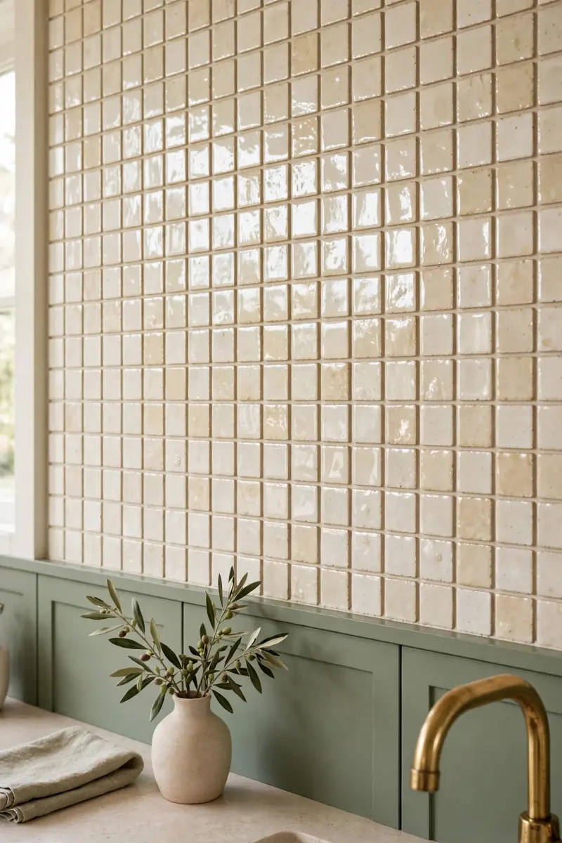 Cream handmade zellige tile backsplash above sage green cabinets