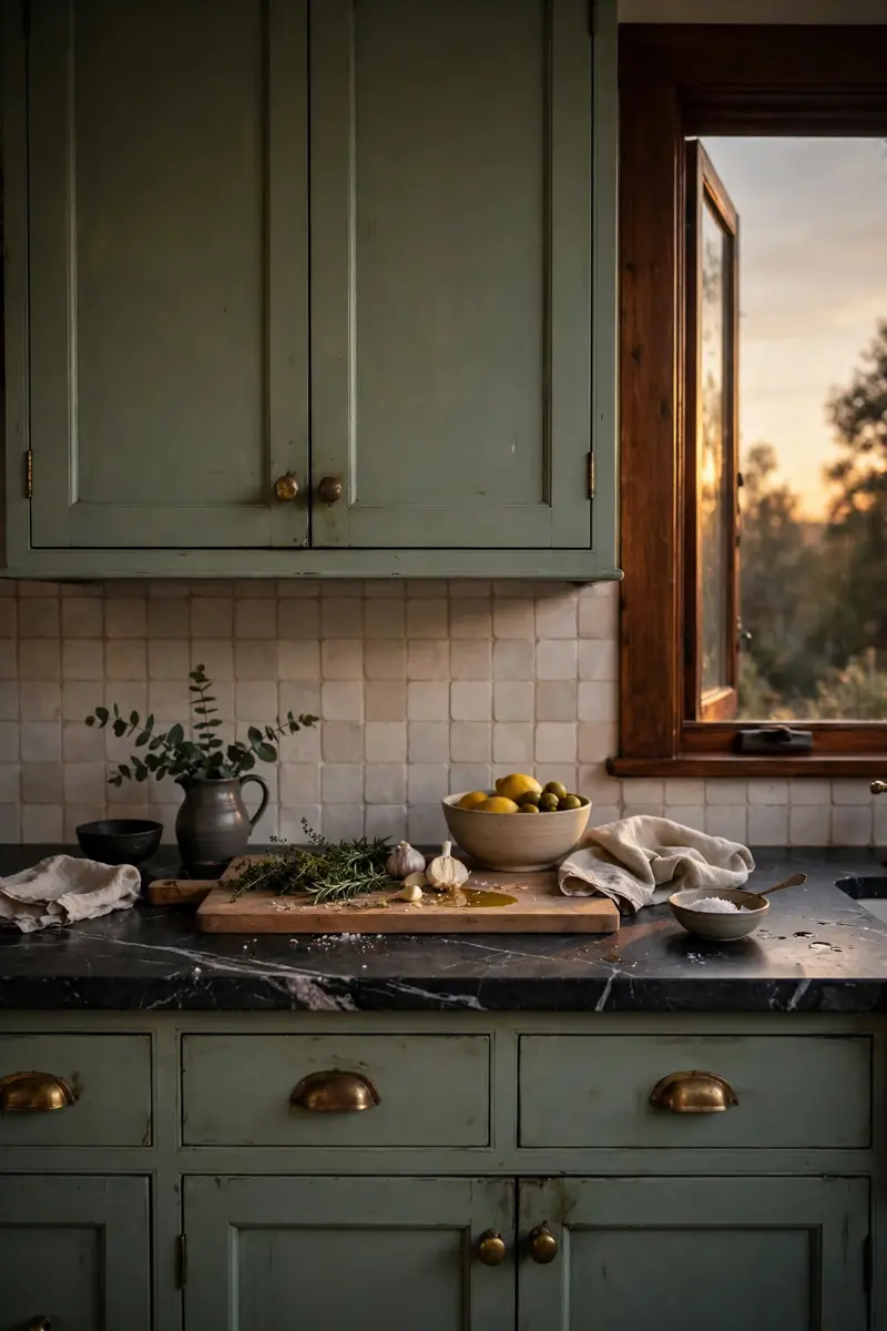 Dark soapstone countertops with sage green cabinets
