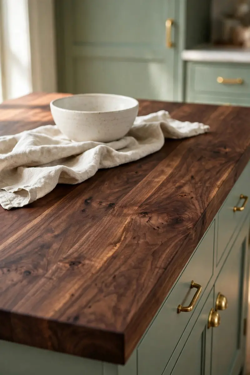 Rich walnut island top beside sage green cabinets