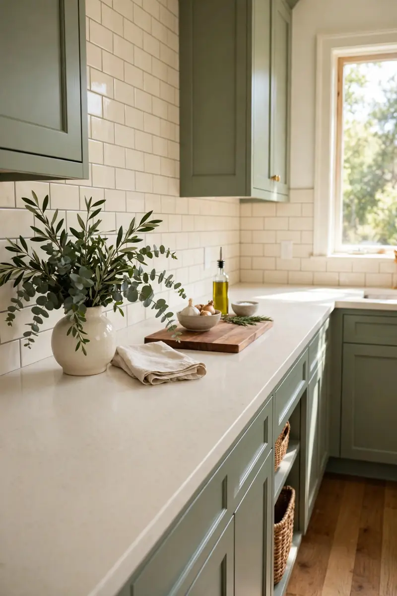 Cream quartz countertops with sage green cabinets