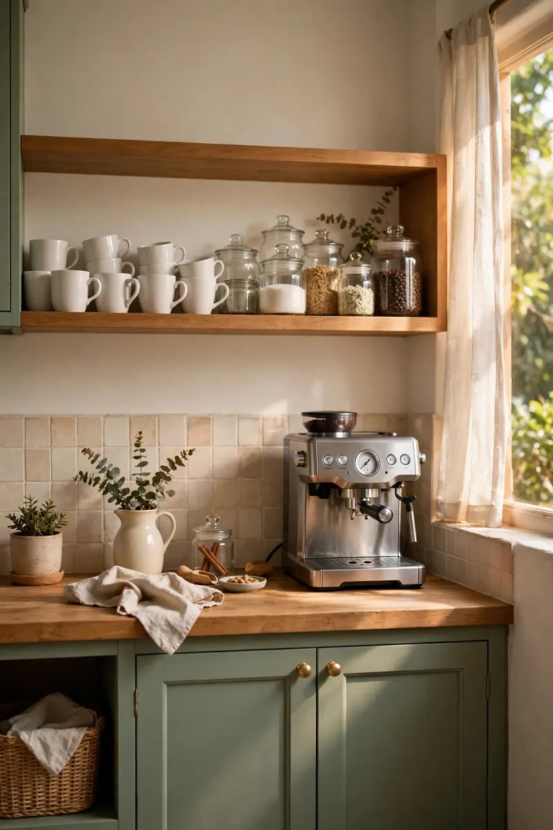 Cozy sage green coffee bar nook with mugs and open shelving