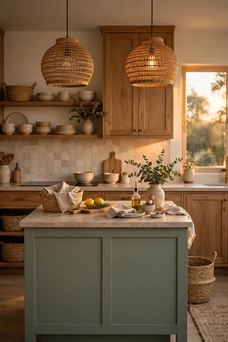 Woven rattan pendant lights over a sage green kitchen island