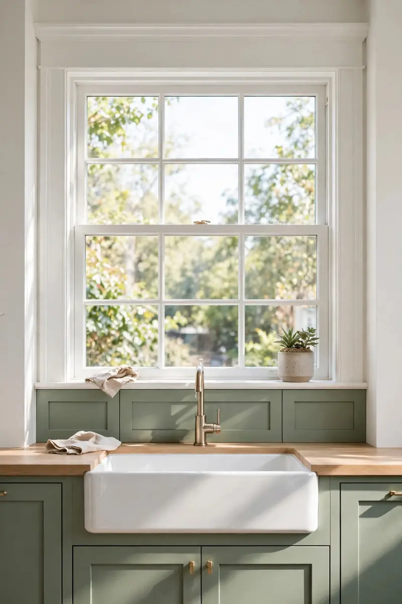 Crisp white window trim above sage green kitchen cabinets