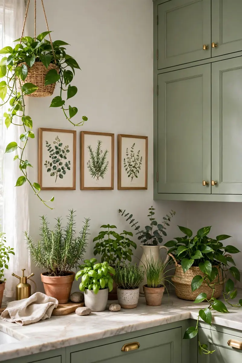 Lush plants and botanical prints beside sage green cabinets
