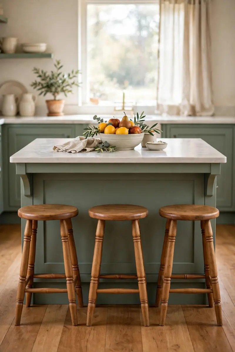 Wooden barstools tucked under a sage green kitchen island